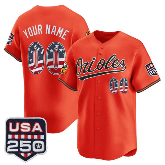 Custom Baltimore Orioles Orange USA 250 Fourth of July Vapor Premier Limited Jersey - All Stitched Baseball Jersey - Main View