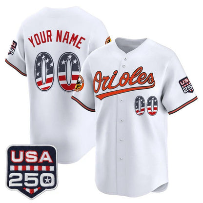 Custom Baltimore Orioles White USA 250 Fourth of July Vapor Premier Limited Jersey - All Stitched Baseball Jersey - Main View
