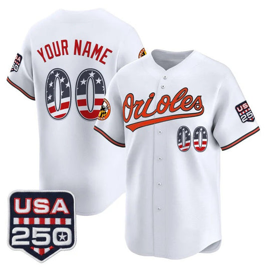 Custom Baltimore Orioles White USA 250 Fourth of July Vapor Premier Limited Jersey - All Stitched Baseball Jersey - Main View
