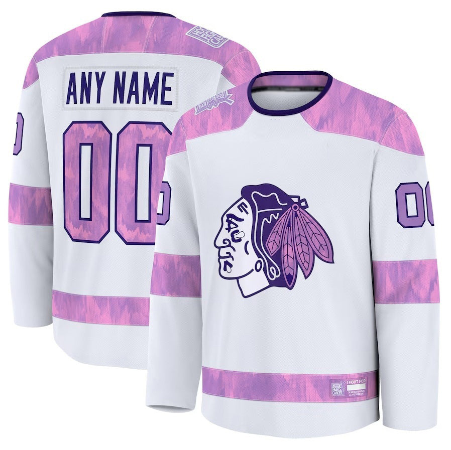 Custom C.Blackhawks Fanatics 2024 Hockey Fights Cancer Practice Jersey - White Stitched American Hockey Jerseys - Main View