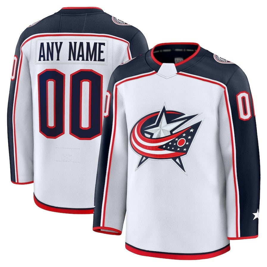 Custom C.Blue Jackets Fanatics Away Premium Jersey - White Stitched American Hockey Jerseys - Main View