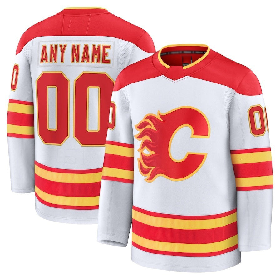 Custom C.Flames Fanatics Away Premium Jersey - White Stitched American Hockey Jerseys - Main View