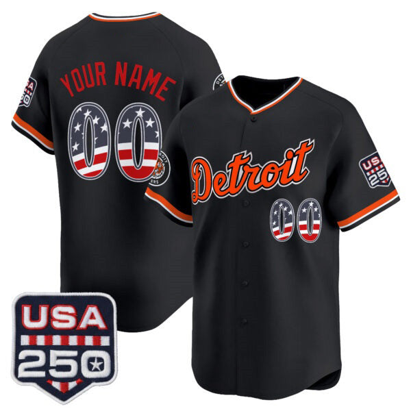 Custom Detroit Tigers Black USA 250 Fourth of July Vapor Premier Limited Jersey ¨C All Stitched Baseball Jersey - Main View