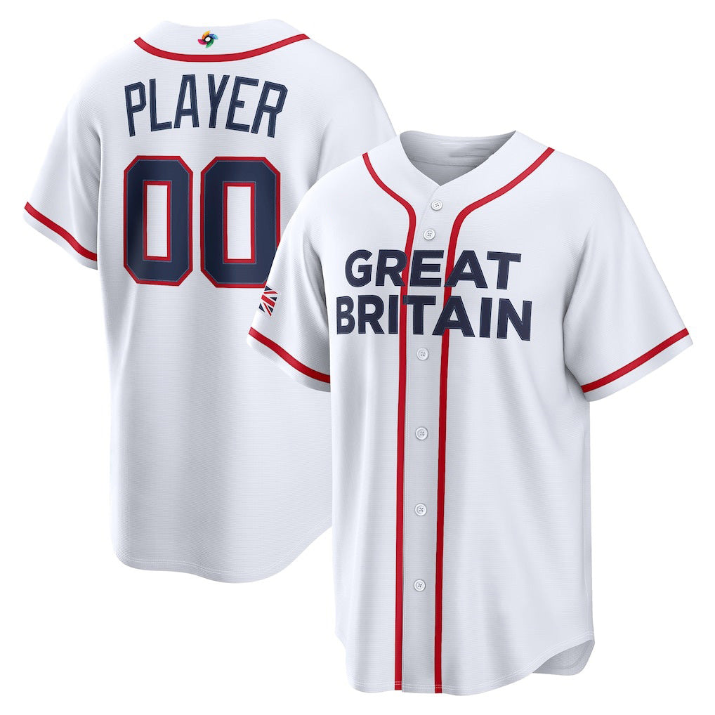 Custom Great Britain Baseball 2026 World Baseball Classic Home Pick-A-Player Jersey - White Jersey - White Baseball Jersey Tailgate Goods - Main View