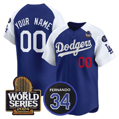 Custom Los Angeles Dodgers ACTIVE PLAYER Royal White 2024 World Series With Fernando Memorial Patch Limited Stitched Baseball Jersey - Main View
