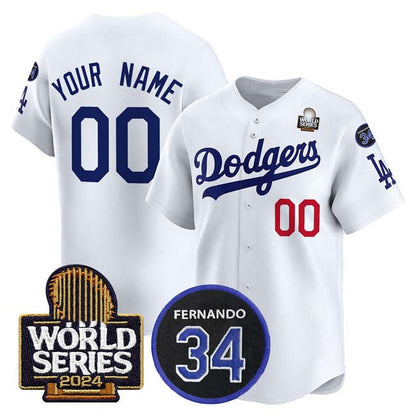 Custom Los Angeles Dodgers ACTIVE PLAYER White 2024 World Series With Fernando Memorial Patch Limited Stitched Baseball Jersey - Main View