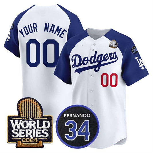 Custom Los Angeles Dodgers ACTIVE PLAYER White Royal 2024 World Series With Fernando Memorial Patch Limited Stitched Baseball Jersey - Main View