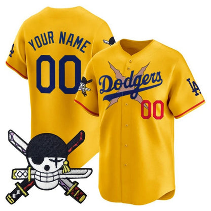 Custom Los Angeles Dodgers x One Piece Gold Zoro Patch Vapor Premier Limited Jersey - Stitched Baseball Jersey - Main View