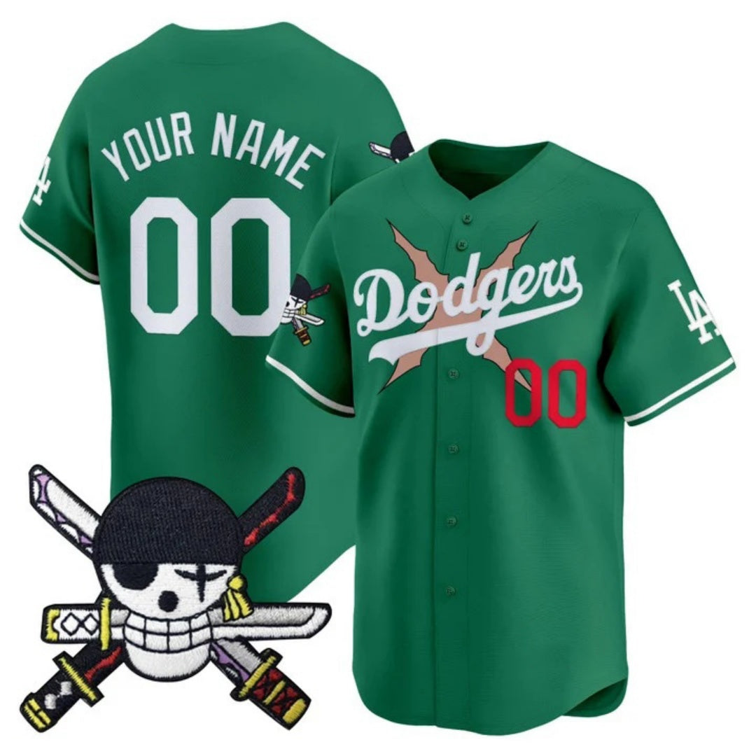 Custom Los Angeles Dodgers x One Piece Green Zoro Patch Vapor Premier Limited Jersey - Stitched Baseball Jersey - Main View