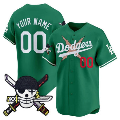 Custom Los Angeles Dodgers x One Piece Green Zoro Patch Vapor Premier Limited Jersey - Stitched Baseball Jersey - Main View