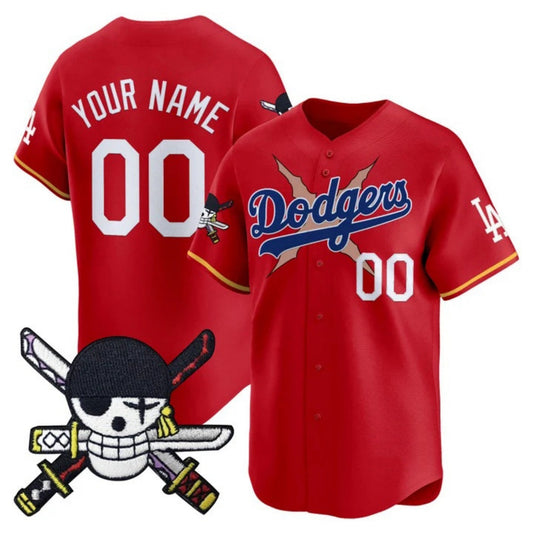 Custom Los Angeles Dodgers x One Piece Red Zoro Patch Vapor Premier Limited Jersey - Stitched Baseball Jersey - Main View
