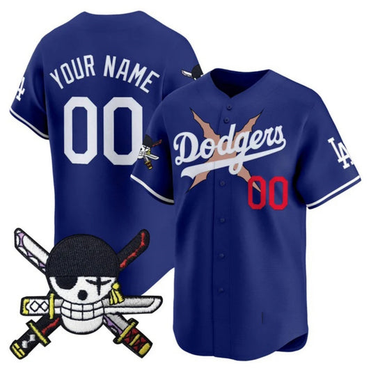 Custom Los Angeles Dodgers x One Piece Royal Zoro Patch Vapor Premier Limited Jersey - Stitched Baseball Jersey - Main View