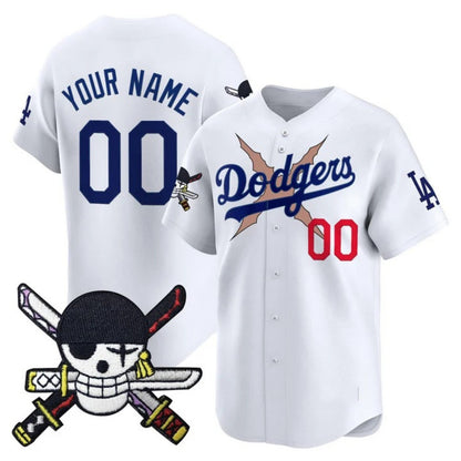 Custom Los Angeles Dodgers x One Piece White Zoro Patch Vapor Premier Limited Jersey - Stitched Baseball Jersey - Main View