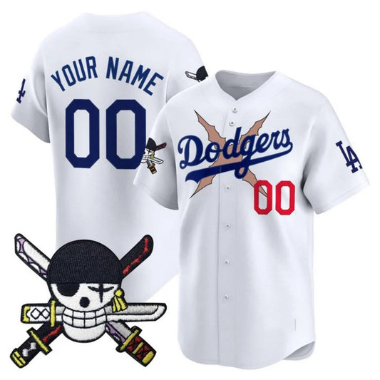Custom Los Angeles Dodgers x One Piece White Zoro Patch Vapor Premier Limited Jersey - Stitched Baseball Jersey - Main View