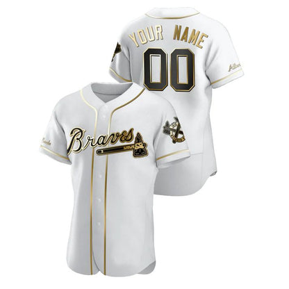 Custom Atlanta Braves Golden Edition White Jersey Birthday gift Stitched  Baseball Jerseys - Main View