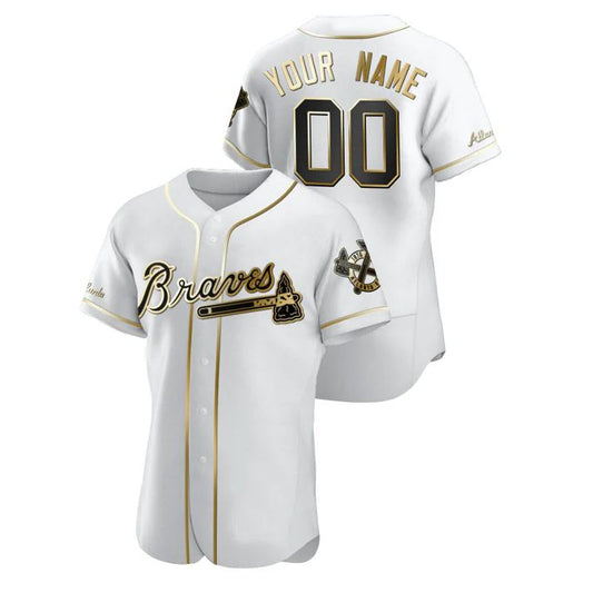 Custom Atlanta Braves Golden Edition White Jersey Birthday gift Stitched  Baseball Jerseys - Main View