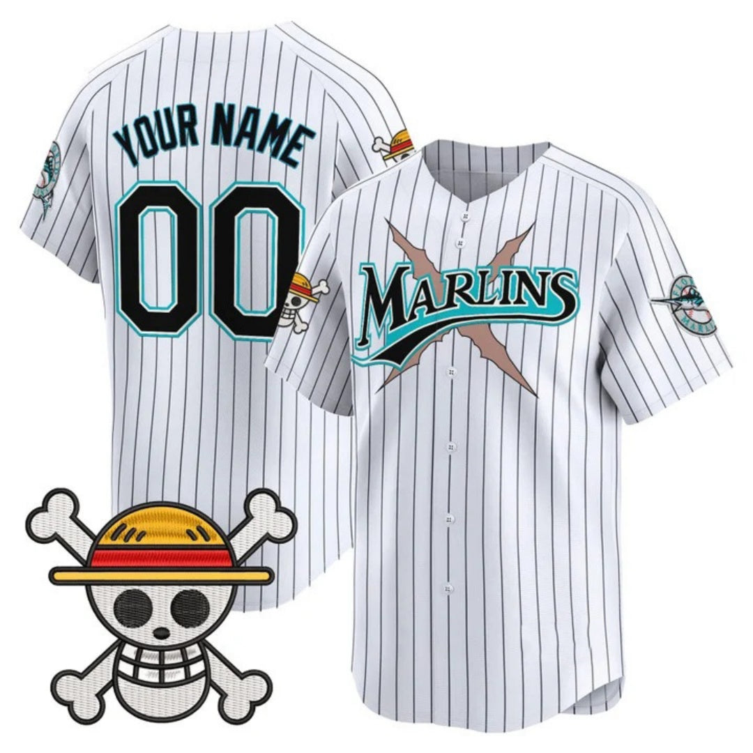 Custom Miami Marlins x One Piece Pinstripe White Vapor Premier Limited Jersey - Stitched Baseball Jersey - Main View