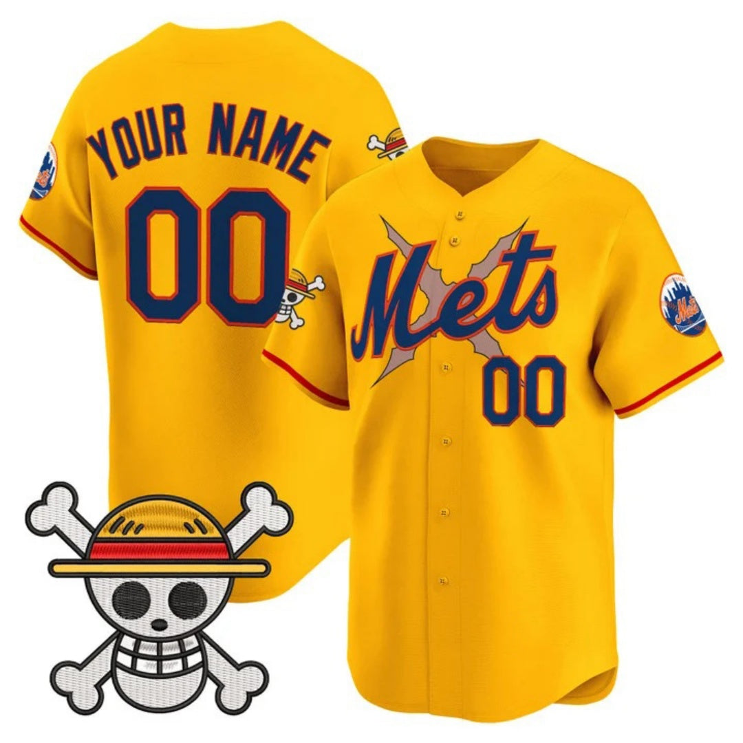 Custom New York Mets x One Piece Gold Vapor Premier Limited Jersey - Stitched Baseball Jersey - Main View