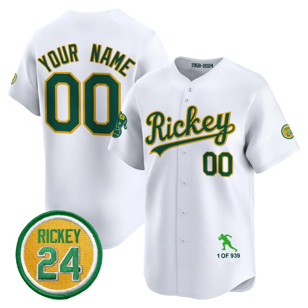 Custom Oakland Athletics White Rickey Tribute style Vapor Premier Limited Jersey - All Stitched Baseball Jersey - Main View
