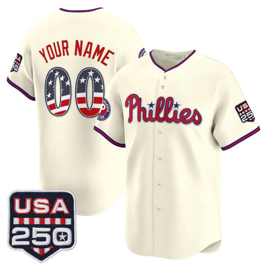 Custom Philadelphia Phillies Cream USA 250 Fourth of July Vapor Premier Limited Jersey - All Stitched Baseball Jersey - Main View