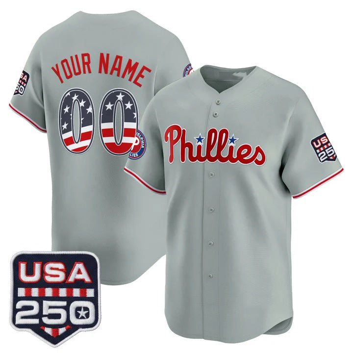 Custom Philadelphia Phillies Gray USA 250 Fourth of July Vapor Premier Limited Jersey - All Stitched Baseball Jersey - Main View