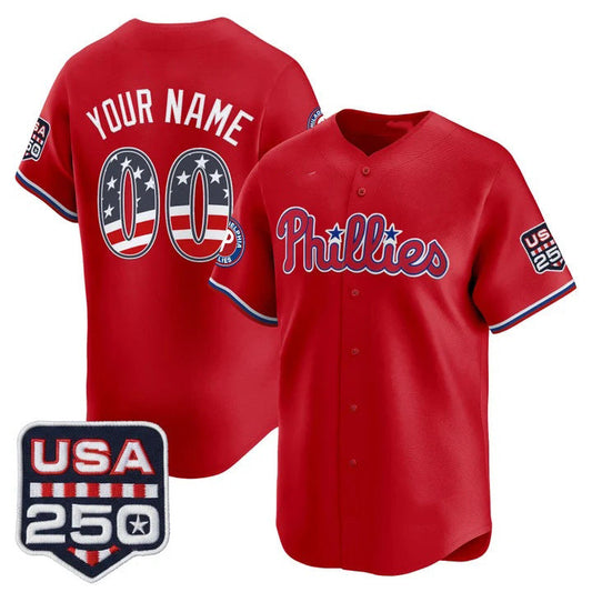 Custom Philadelphia Phillies Red USA 250 Fourth of July Vapor Premier Limited Jersey - All Stitched Baseball Jersey - Main View