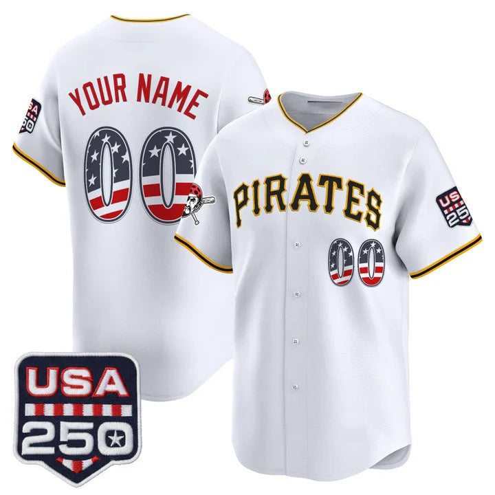 Custom Pittsburgh Pirates White USA 250 Fourth of July Vapor Premier Limited Jersey - All Stitched Baseball Jersey - Main View
