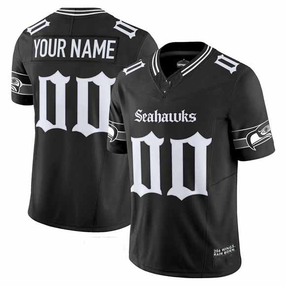 Custom S.Seahawks Active Player Black 2025 F.U.S.E. 'Gothic Rain City Shadows Edition' Vapor Limited Football Stitched Jersey - Main View