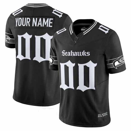 Custom S.Seahawks Active Player Black 2025 F.U.S.E. 'Gothic Rain City Shadows Edition' Vapor Limited Football Stitched Jersey - Main View
