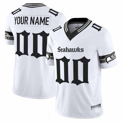 Custom S.Seahawks Active Player White 2025 F.U.S.E. 'Gothic Rain City Shadows Edition' Vapor Limited Football Stitched Jersey - Main View