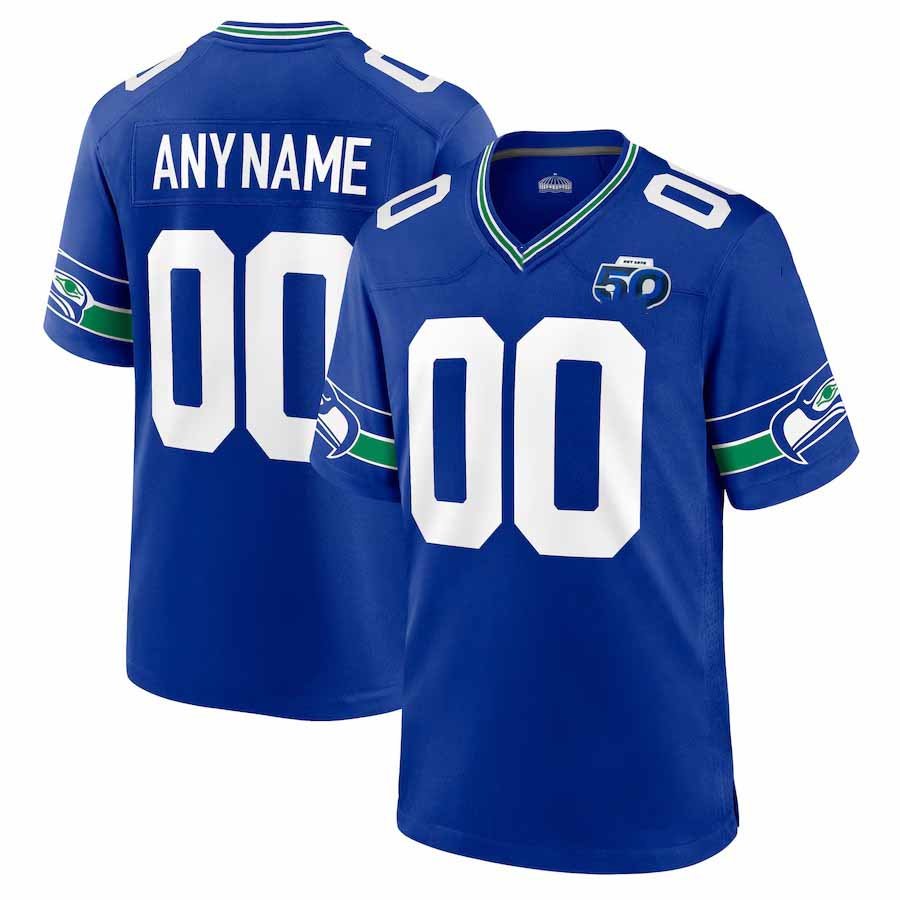 Custom S.Seahawks Royal 50th Season Throwback Game Stitched Football Jersey - Main View