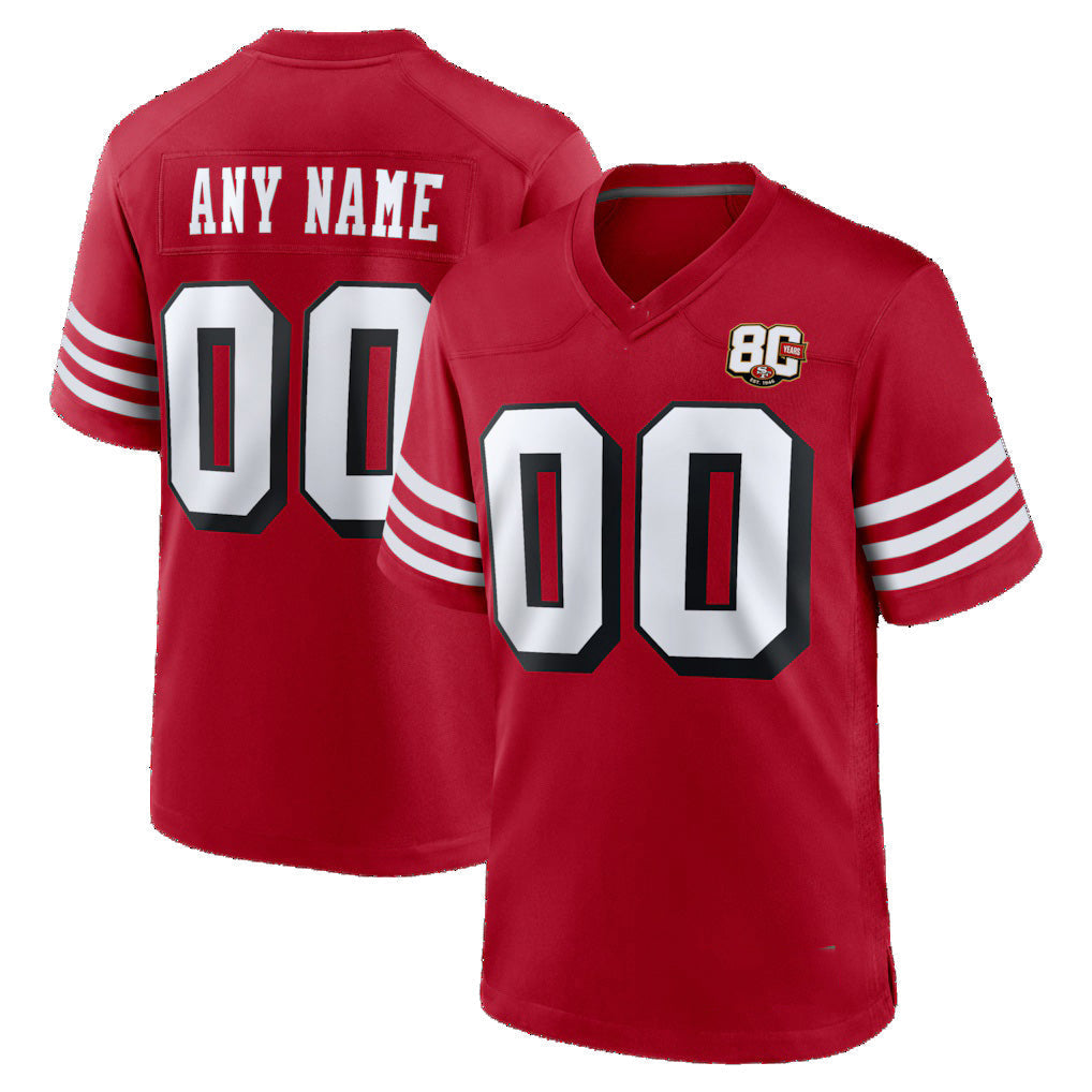 Custom SF.49ers Red 80th Anniversary Alternate Game Football Jersey - Main View