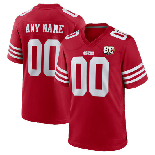Custom SF.49ers Scarlet 80th Anniversary Game Football Jersey - Main View