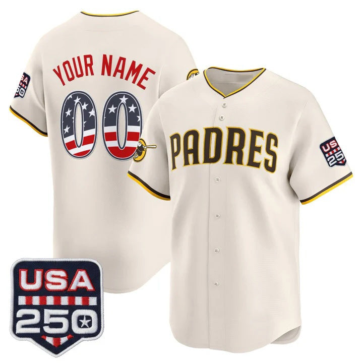 Custom San Diego Padres Cream USA 250 Fourth of July Vapor Premier Limited Jersey - All Stitched Baseball Jersey - Main View