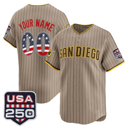 Custom San Diego Padres Khaki USA 250 Fourth of July Vapor Premier Limited Jersey - All Stitched Baseball Jersey - Main View