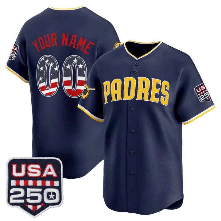Custom San Diego Padres Navy USA 250 Fourth of July Vapor Premier Limited Jersey - All Stitched Baseball Jersey - Main View