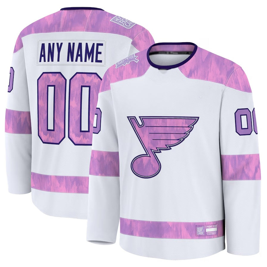 Custom St. L.Blues Fanatics 2024 Hockey Fights Cancer Practice Jersey - White Stitched American Hockey Jerseys - Main View