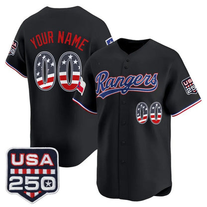 Custom Texas Rangers Black USA 250 Fourth of July Vapor Premier Limited Jersey - All Stitched Baseball Jersey - Main View