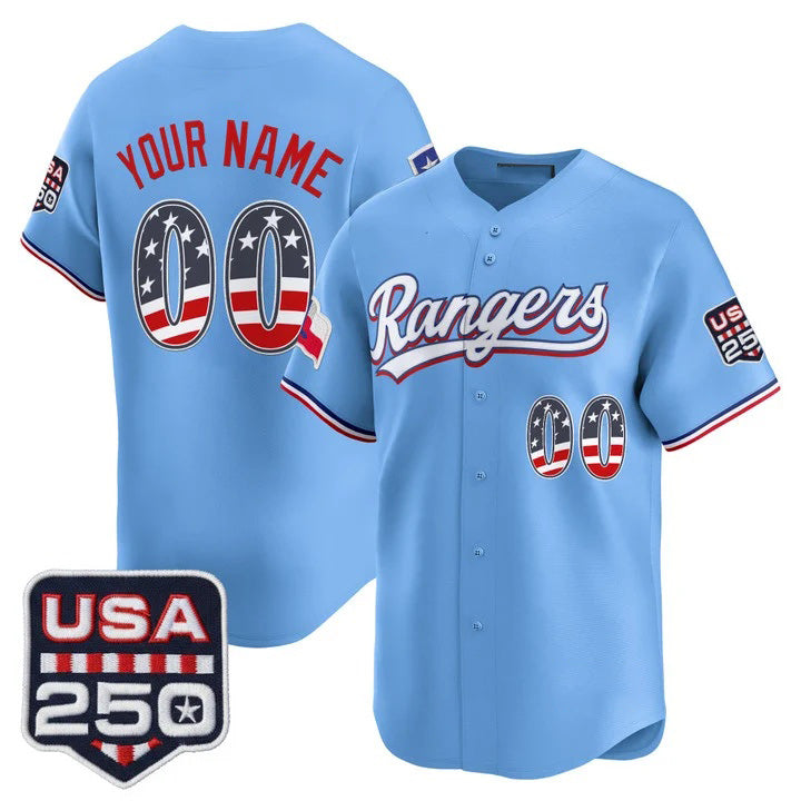Custom Texas Rangers Blue USA 250 Fourth of July Vapor Premier Limited Jersey - All Stitched Baseball Jersey - Main View