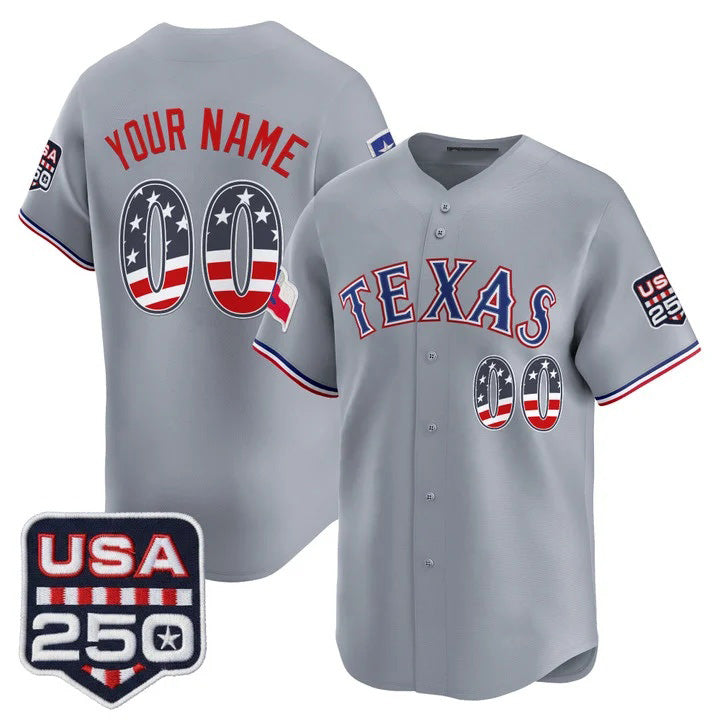 Custom Texas Rangers Gray USA 250 Fourth of July Vapor Premier Limited Jersey - All Stitched Baseball Jersey - Main View