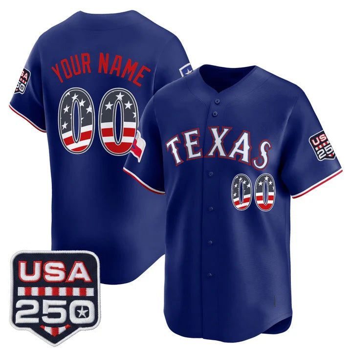 Custom Texas Rangers Royal USA 250 Fourth of July Vapor Premier Limited Jersey - All Stitched Baseball Jersey - Main View