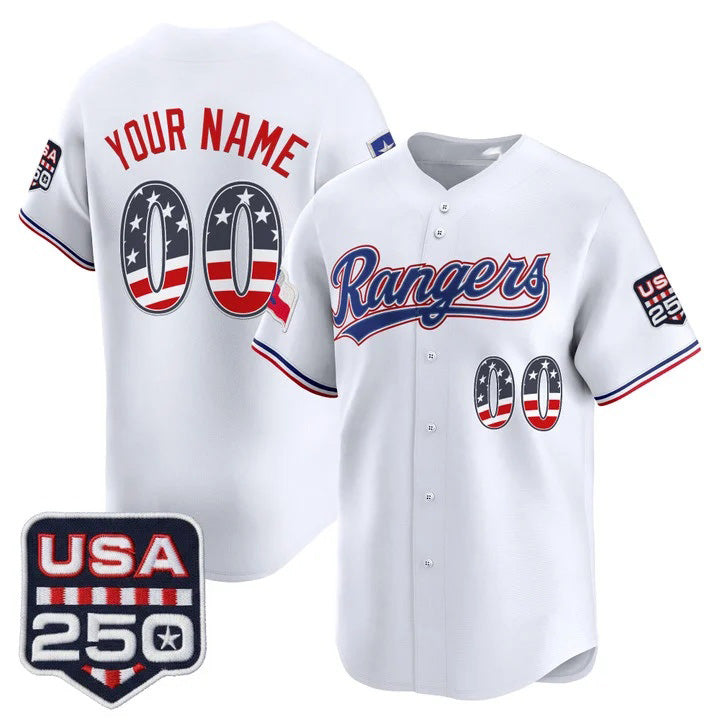 Custom Texas Rangers White USA 250 Fourth of July Vapor Premier Limited Jersey - All Stitched Baseball Jersey - Main View