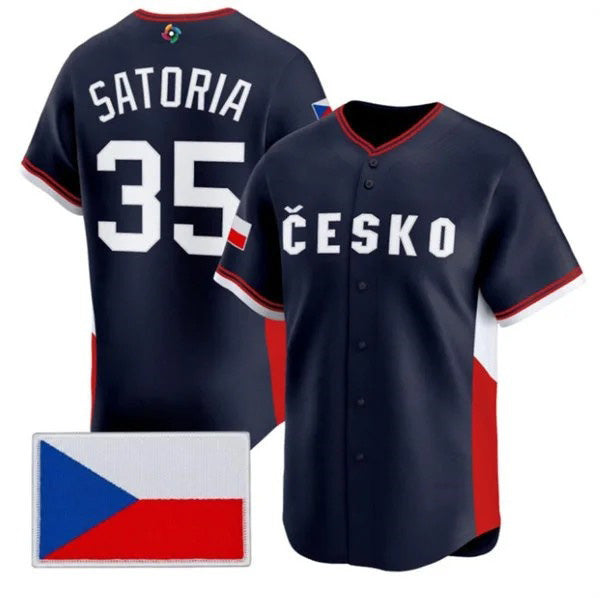 Czech Republic Baseball #35 Ondej Satoria Navy 2026 World Baseball Classic Stitched Baseball Jersey - Main View