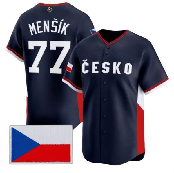 Czech Republic Baseball #77 Vojtch Menk Navy 2026 World Baseball Classic Stitched Baseball Jersey - Main View