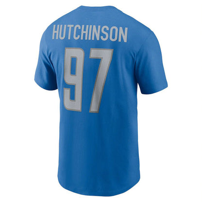 D.Lions #97 Aidan Hutchinson Blue 2022 Draft First Round Pick Player Name & Number T-Shirt Stitched American Football Jerseys - Main View