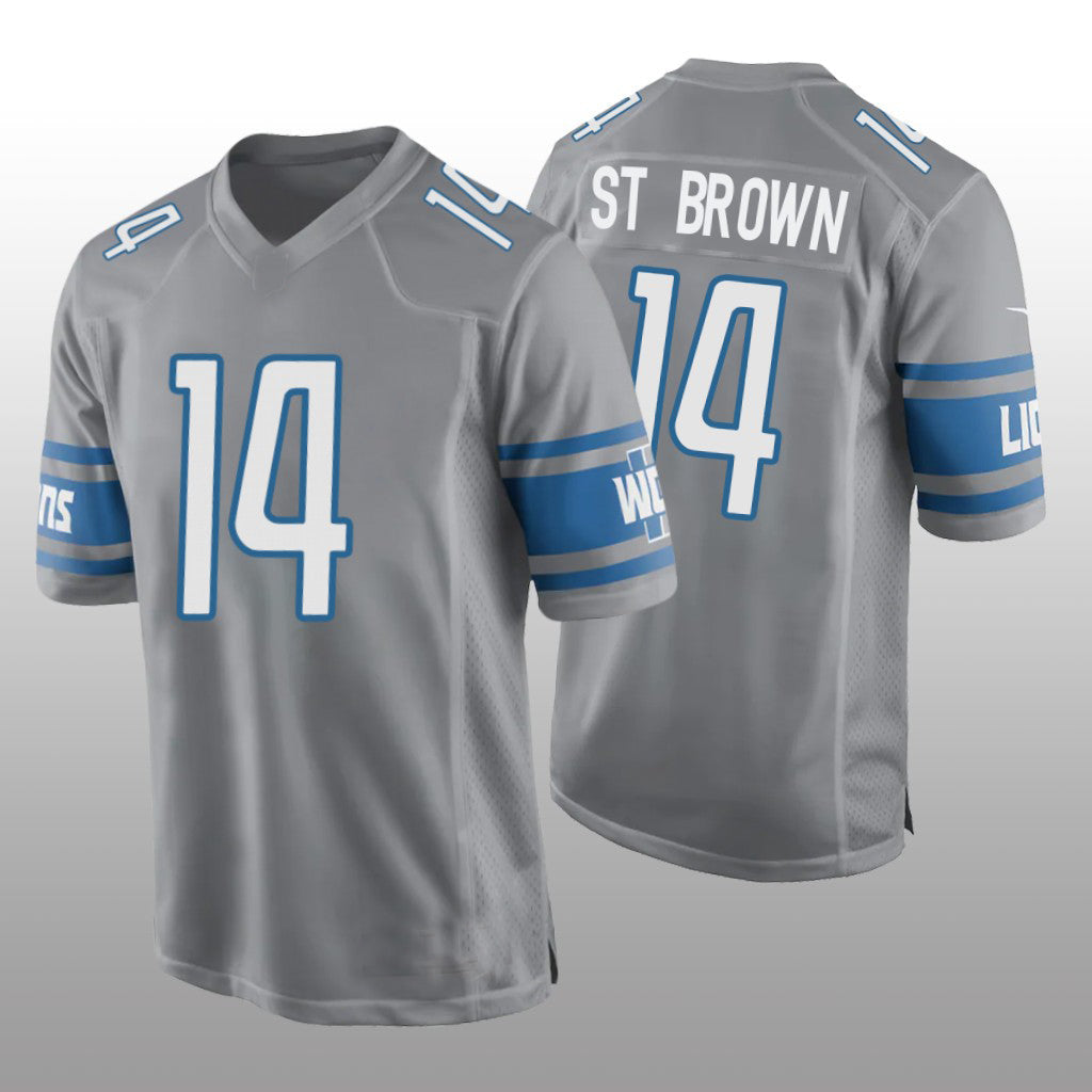 D.Lions #14 Amon-Ra St. Brown Alternate Game Jersey - Silver Stitched American Football Jerseys - Main View