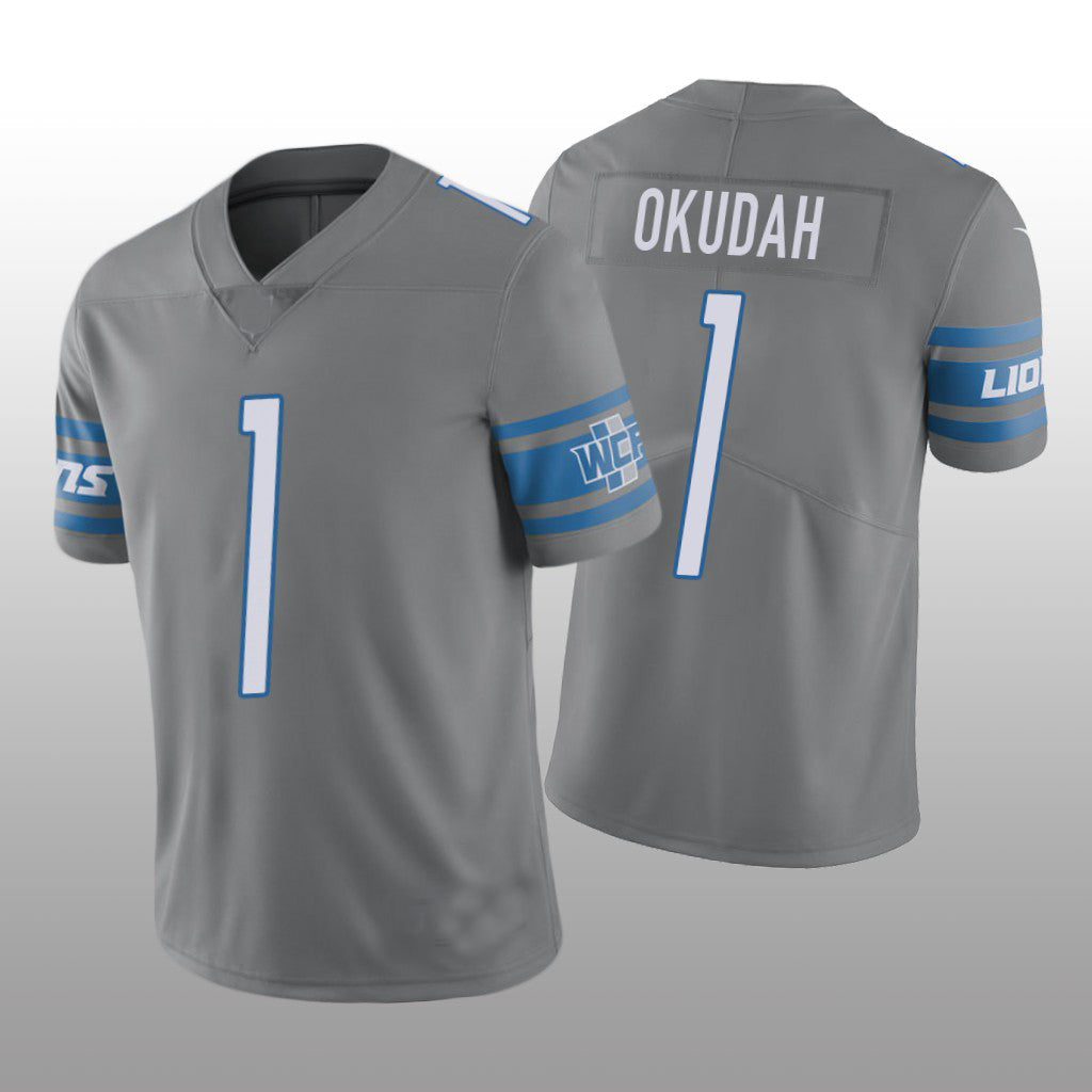 D.Lions NO. 1 Jeff Okudah Silver Vapor Limited Jersey Stitched American Football Jerseys - Main View