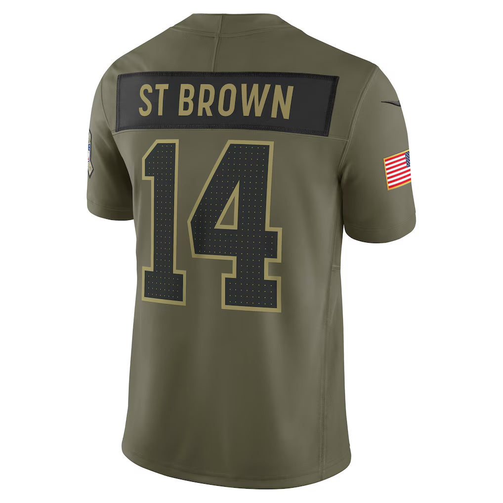 D.Lions #14 Amon-Ra St. Brown Olive 2025 Salute to Service Limited American Football Jersey - Main View