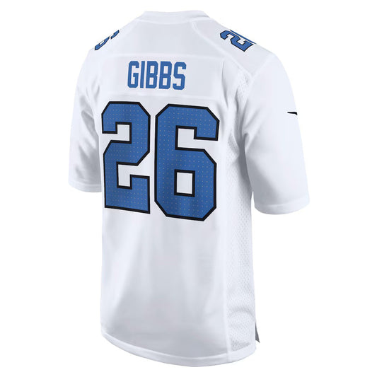 D.Lions #26 Jahmyr Gibbs Tundra Fashion Game Jersey - White American Football Jersey - Main View