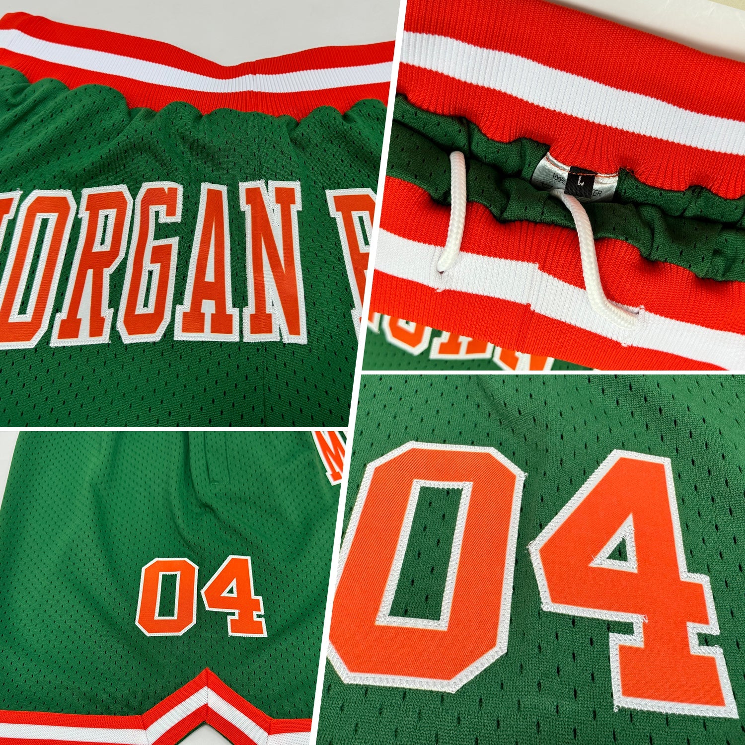 Custom Kelly Green Orange-White Authentic Throwback Basketball Shorts view 2